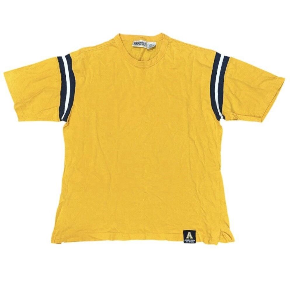 Vintage Y2K Aeropostale T Shirt Yellow Men's Large Retro Striped Sleeves 90s
